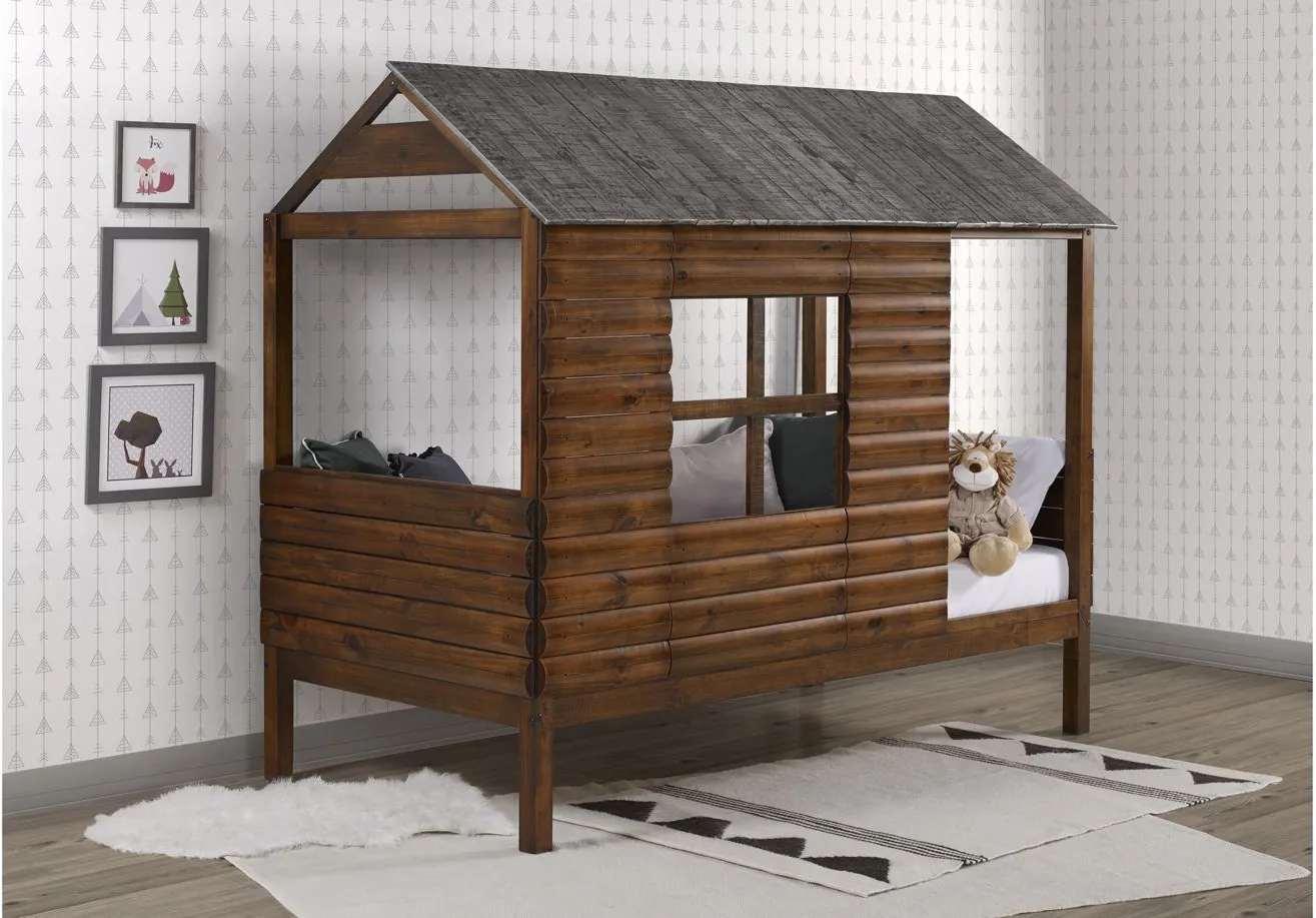 Log Cabin Low Loft Bed with Twin Trundle in Rustic Walnut by Donco Trading