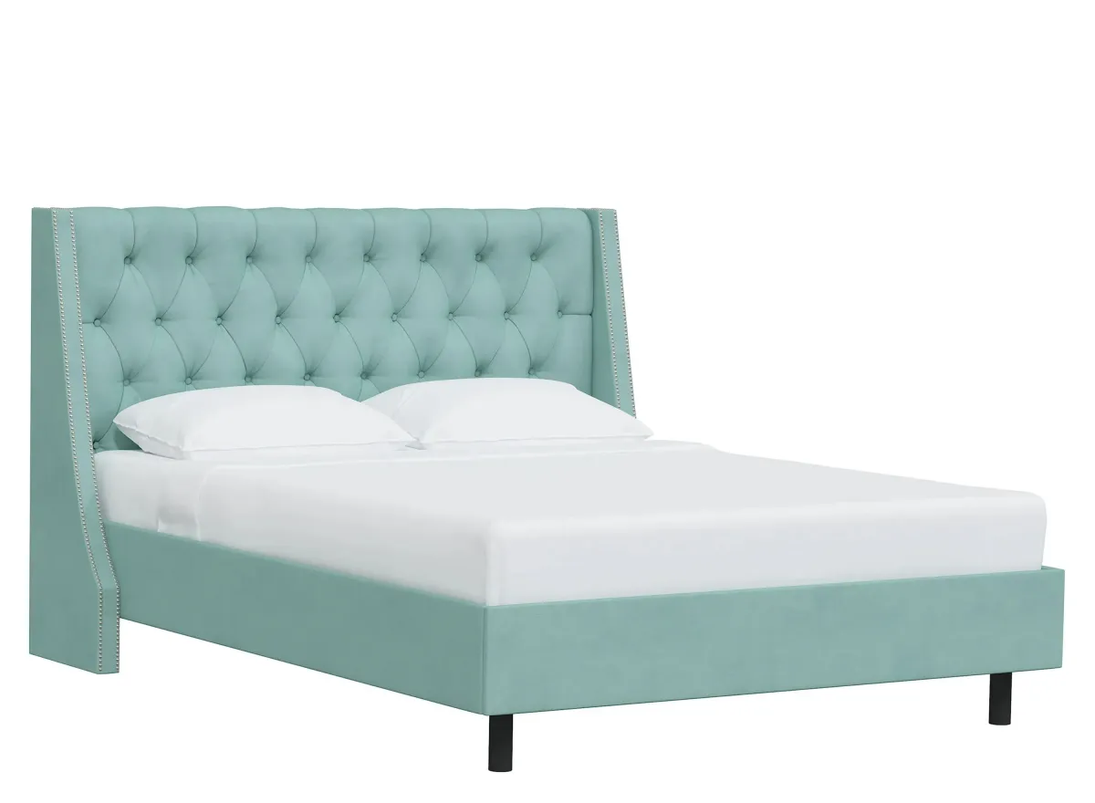 Sheridan Wingback Platform Bed in Velvet Caribbean by Skyline