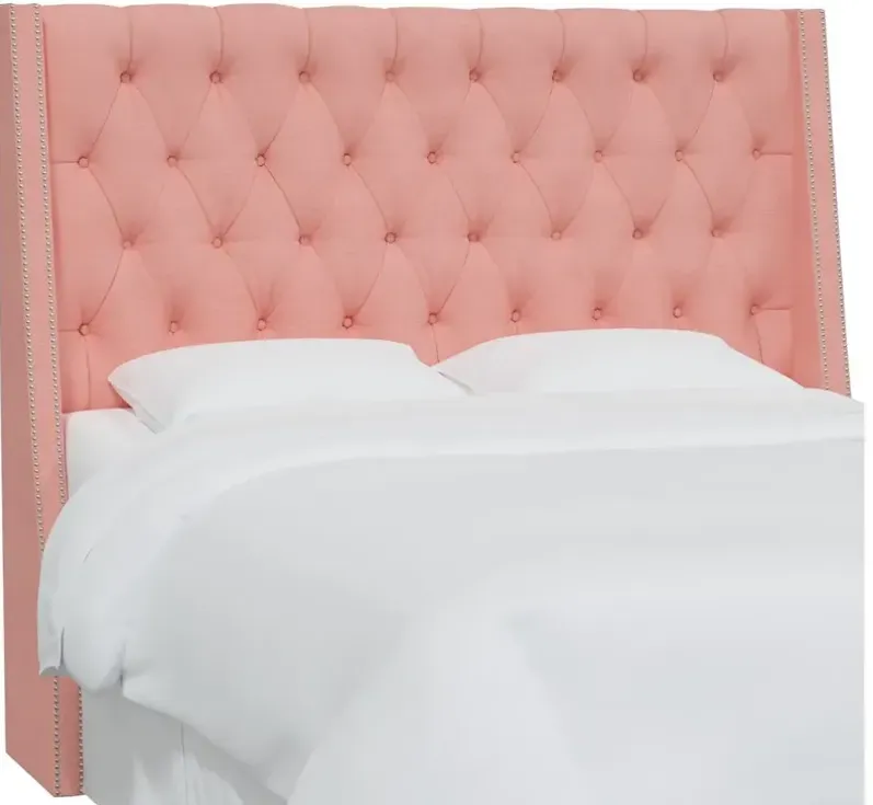 Sheridan Wingback Headboard with Nail Button Accent in Linen Petal by