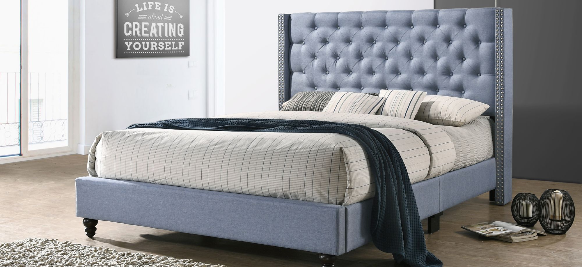 Julie Upholstered Panel Bed in Blue by Glory Furniture