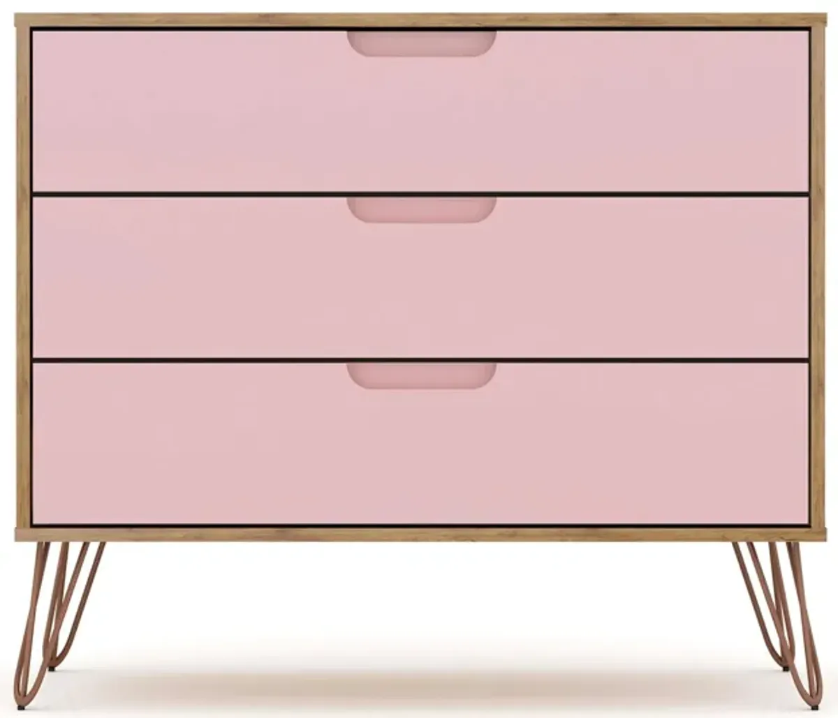 Rockefeller 3 Drawer Dresser in Nature and Rose Pink by Manhattan Comfort