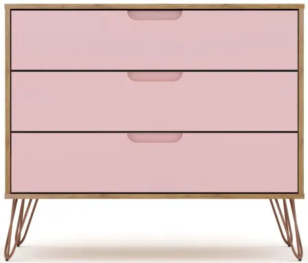 Rockefeller 3 Drawer Dresser in Nature and Rose Pink by Manhattan Comfort