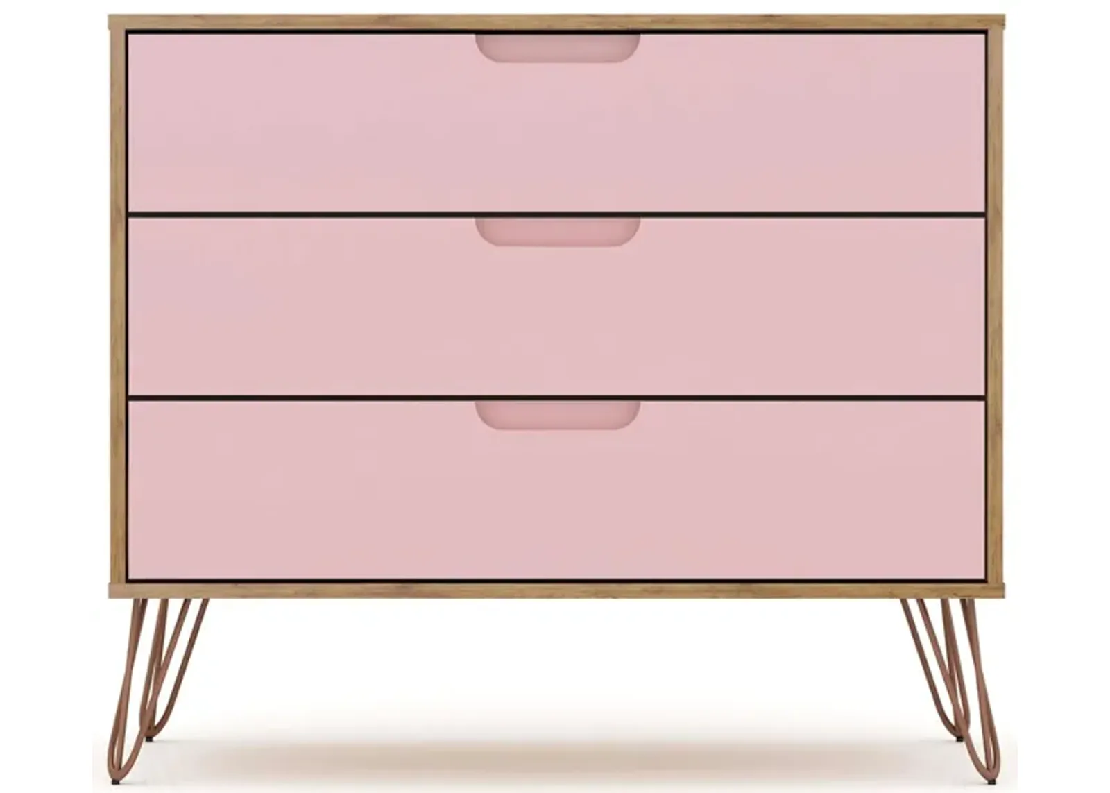 Rockefeller 3 Drawer Dresser in Nature and Rose Pink by Manhattan Comfort