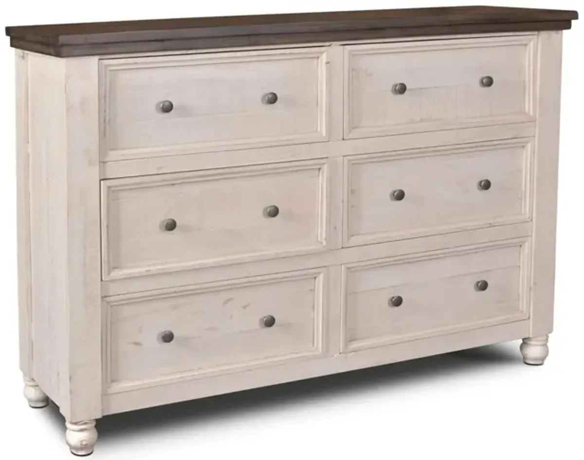 Sunset Trading Rustic French 6 Drawer in Cottage White/Walnut Top by Sunset Trading