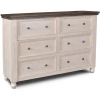 Sunset Trading Rustic French 6 Drawer in Cottage White/Walnut Top by Sunset Trading
