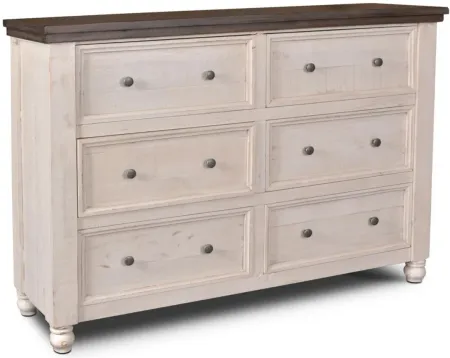 Sunset Trading Rustic French 6 Drawer in Cottage White/Walnut Top by Sunset Trading