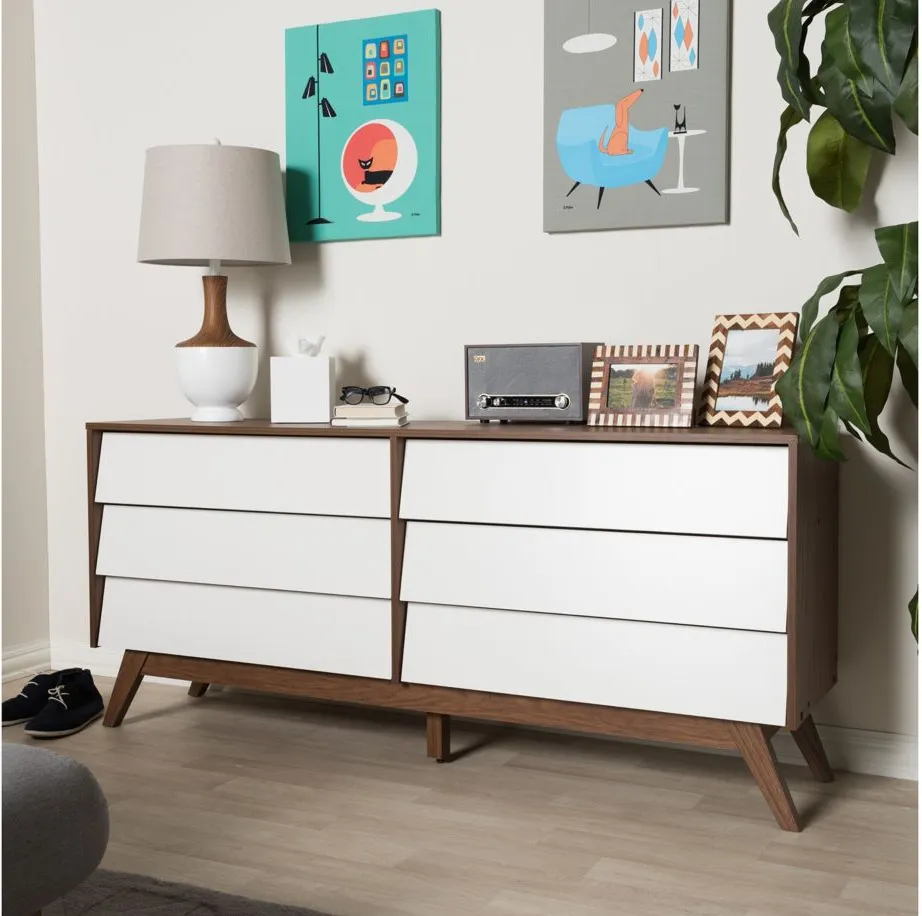 Hildon Wood 6-Drawer Storage Dresser in White/"Walnut" Brown by Wholesale Interiors