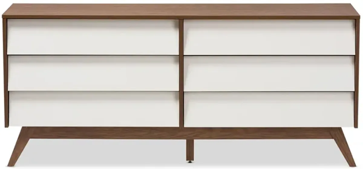 Hildon Wood 6-Drawer Storage Dresser in White/"Walnut" Brown by Wholesale Interiors