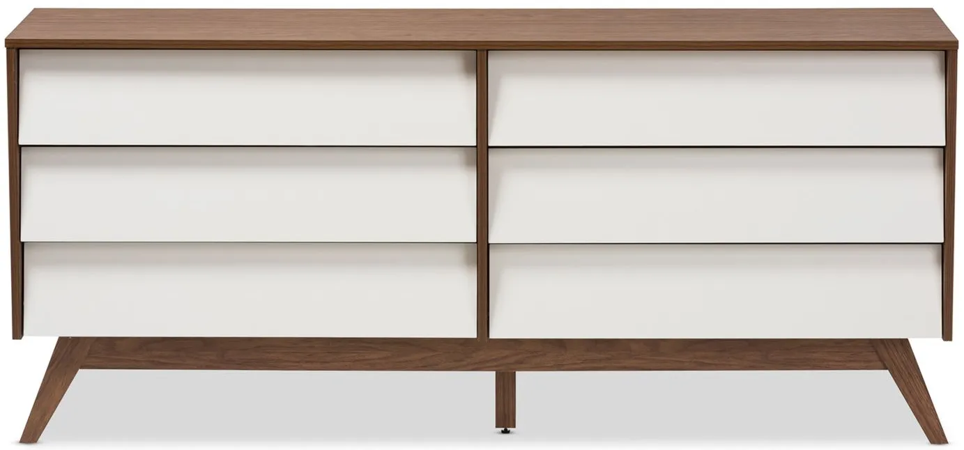 Hildon Wood 6-Drawer Storage Dresser in White/"Walnut" Brown by Wholesale Interiors