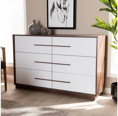 Mette 6-Drawer Wood Dresser in White/Walnut by Wholesale Interiors