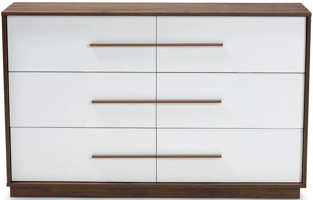 Mette 6-Drawer Wood Dresser in White/Walnut by Wholesale Interiors