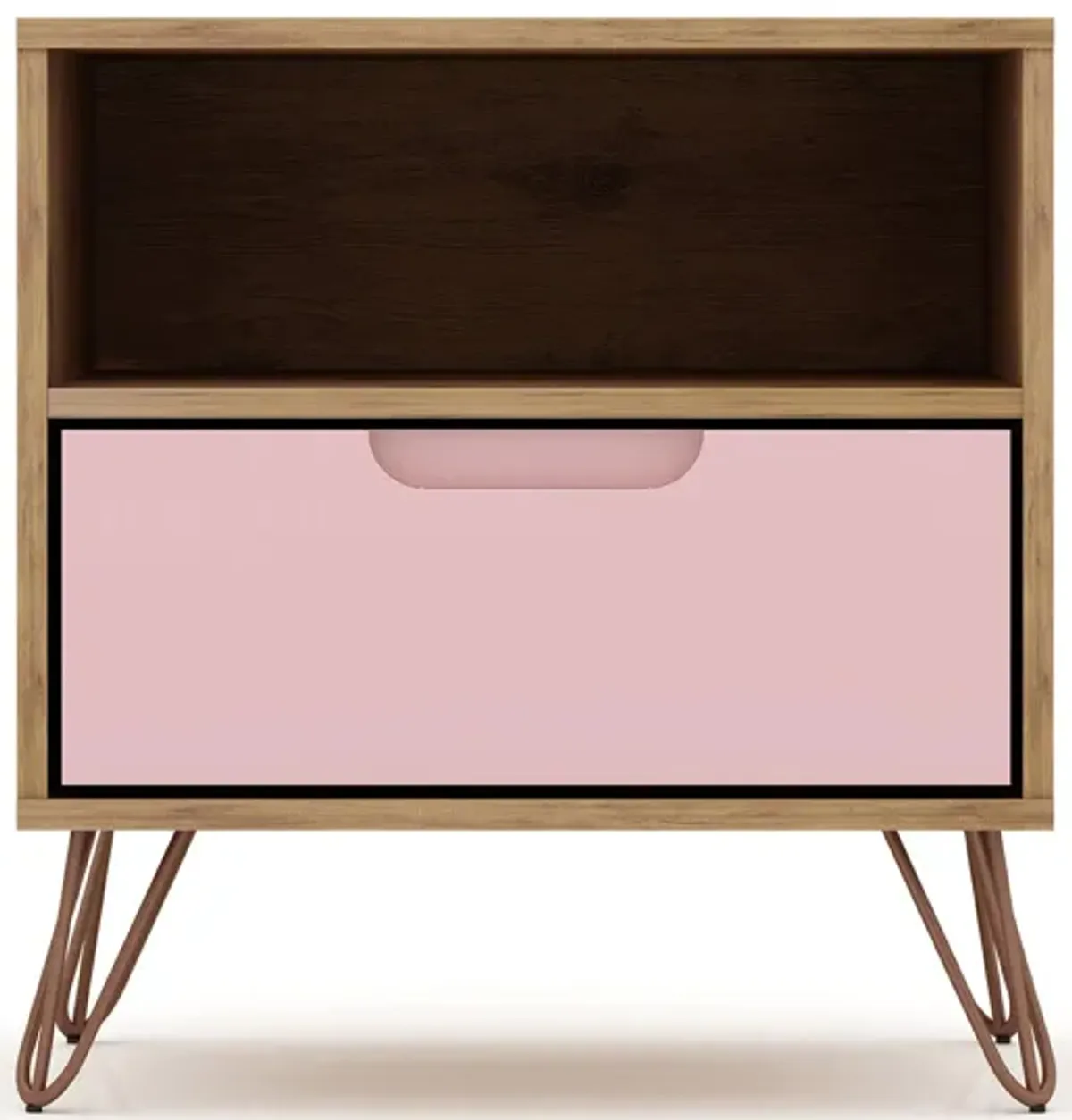 Rockefeller 1 Drawer Nightstand in Nature and Rose Pink by Manhattan Comfort