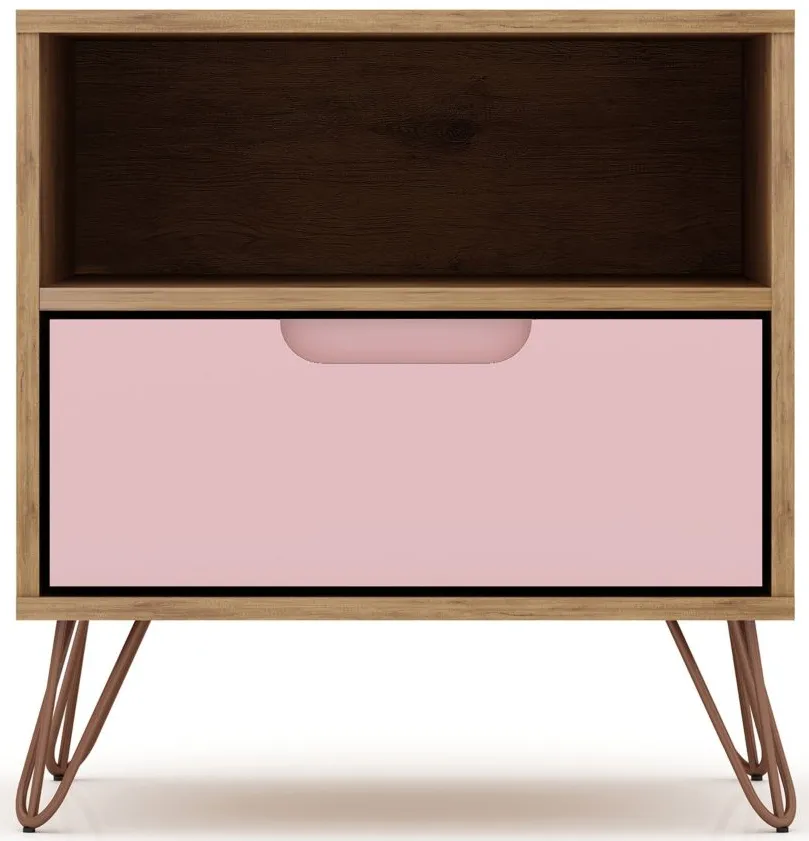 Rockefeller 1 Drawer Nightstand in Nature and Rose Pink by Manhattan Comfort