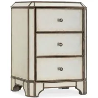 Arabella Mirrored Three-Drawer Nightstand in Eglomise with heavily painted charcoal finish on exposed wood edges. Distressing includes rasping. by Hooker Furniture