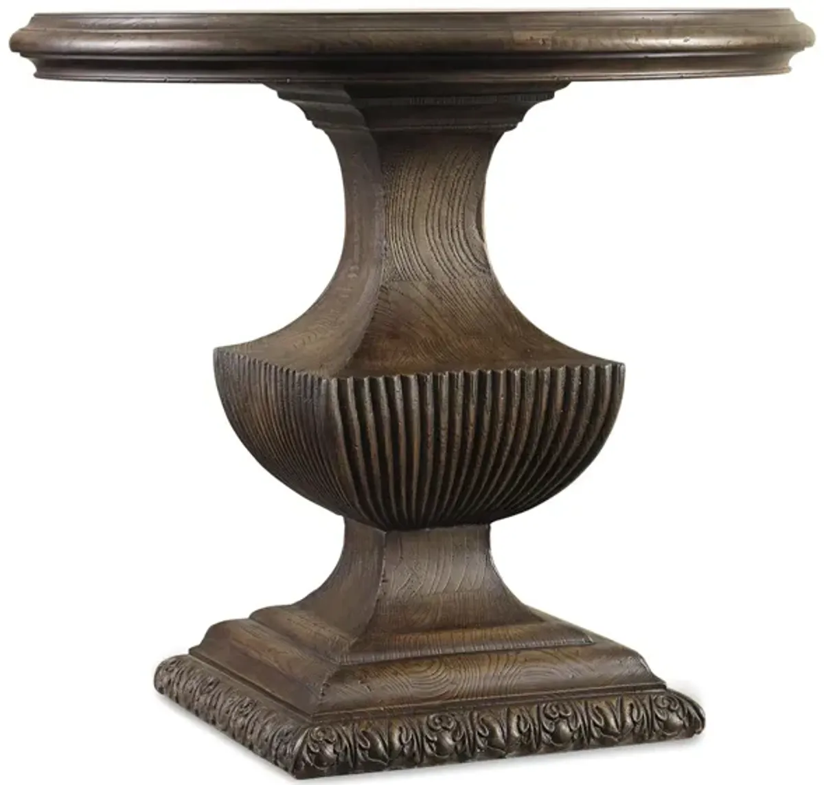 Rhapsody Urn Pedestal Nightstand in Walnut colored rustic finish with distressing by Hooker Furniture