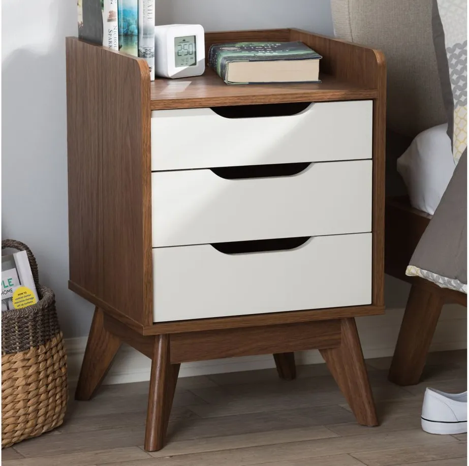 Brighton Wood 3-Drawer Storage Nightstand in White/"Walnut" Brown by Wholesale Interiors