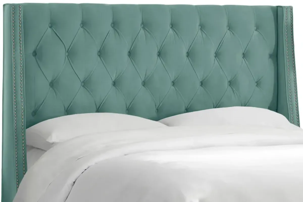 Sheridan Wingback Headboard in Velvet Caribbean by Skyline