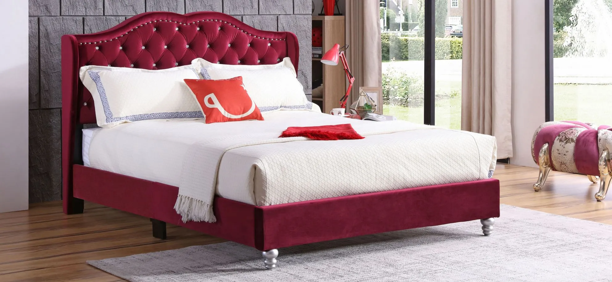 Joy Upholstered Panel Bed in Burgundy by Glory Furniture