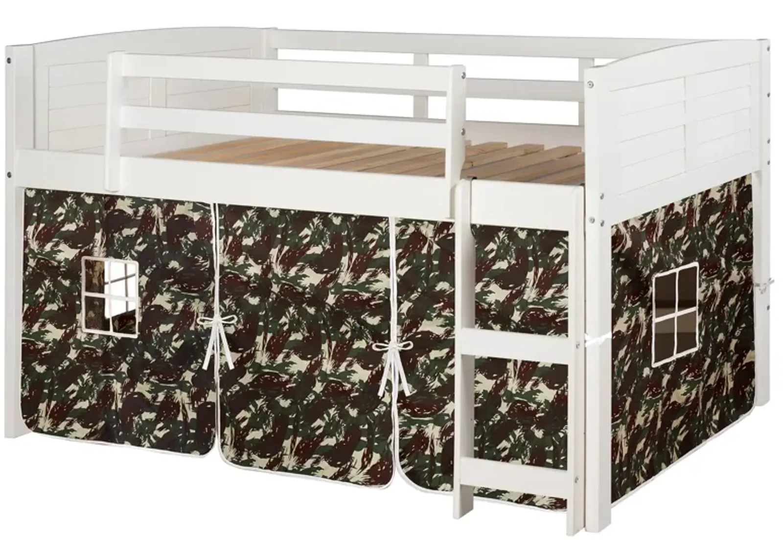 Donco Louver Low Loft Bed with Camo Print Tent