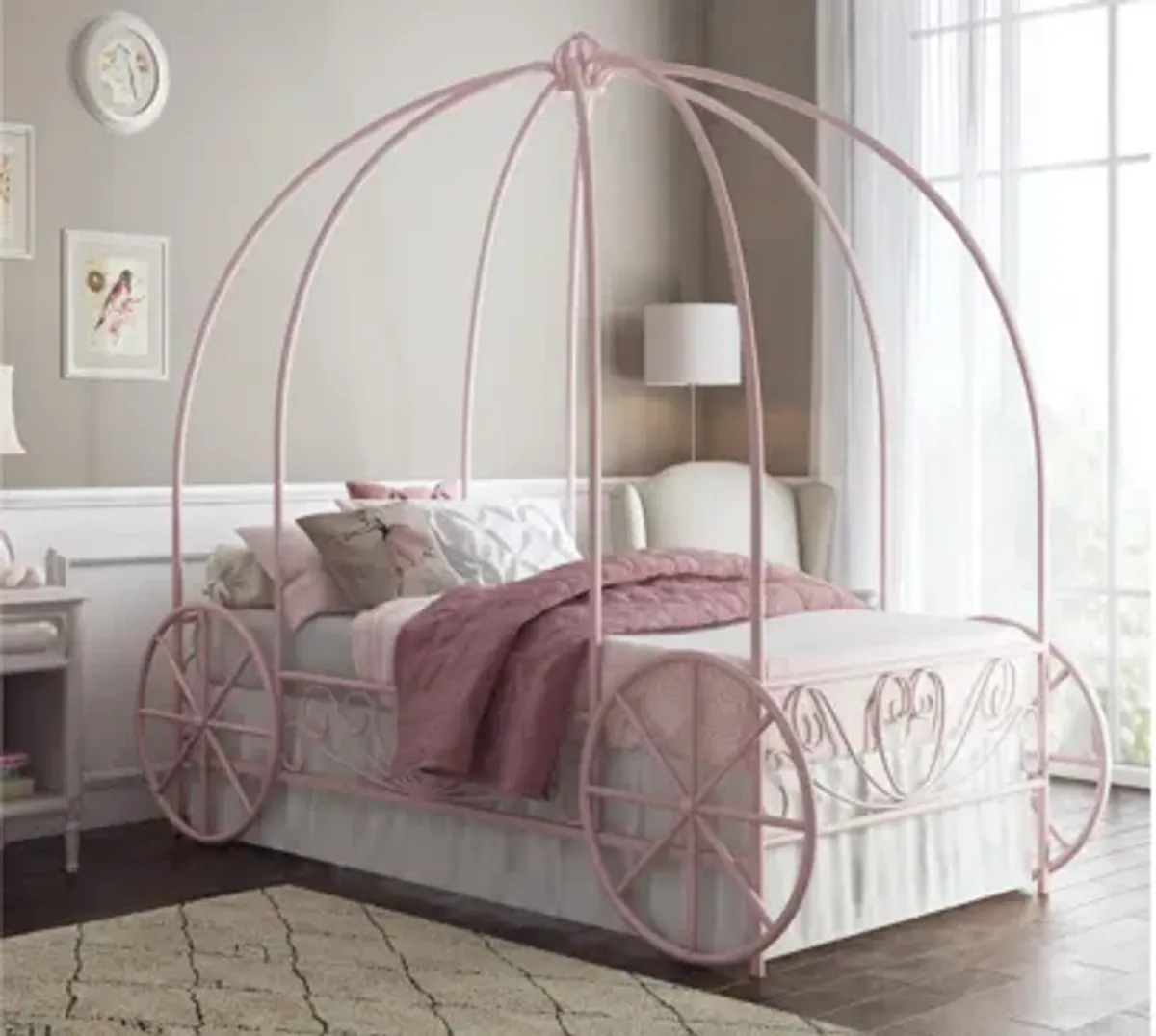 Fairytale Kids Twin Metal Carriage Bed Frame in Pink by DOREL HOME FURNISHINGS