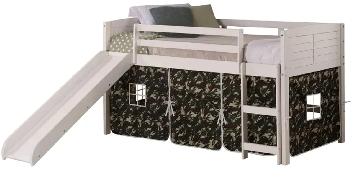 Donco Louver Low Loft Bed with Slide & Camo Print Tent