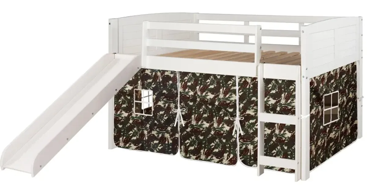Donco Louver Low Loft Bed with Slide & Camo Print Tent