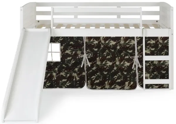 Donco Louver Low Loft Bed with Slide & Camo Print Tent