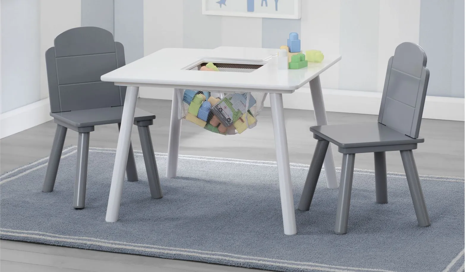 Finn Table and Two Chair Set with Storage by Delta Children in White /Gray by Delta Children