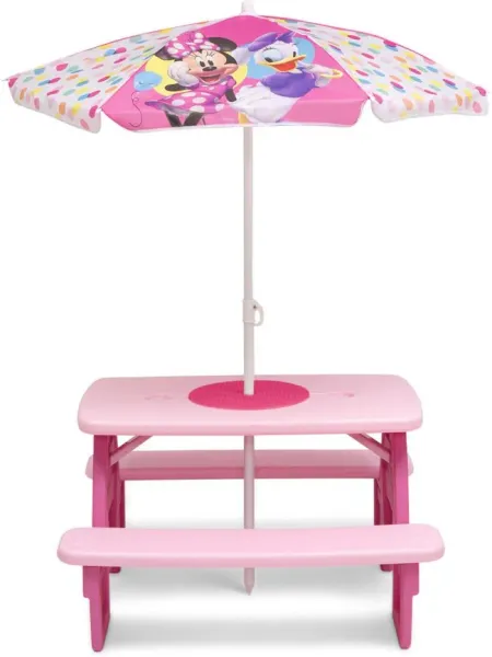 Minnie Mouse Four Seat Picnic Table wth Umbrella and Lego Compatible Table Top by Delta Children in Pink/Minnie Mouse by Delta Children