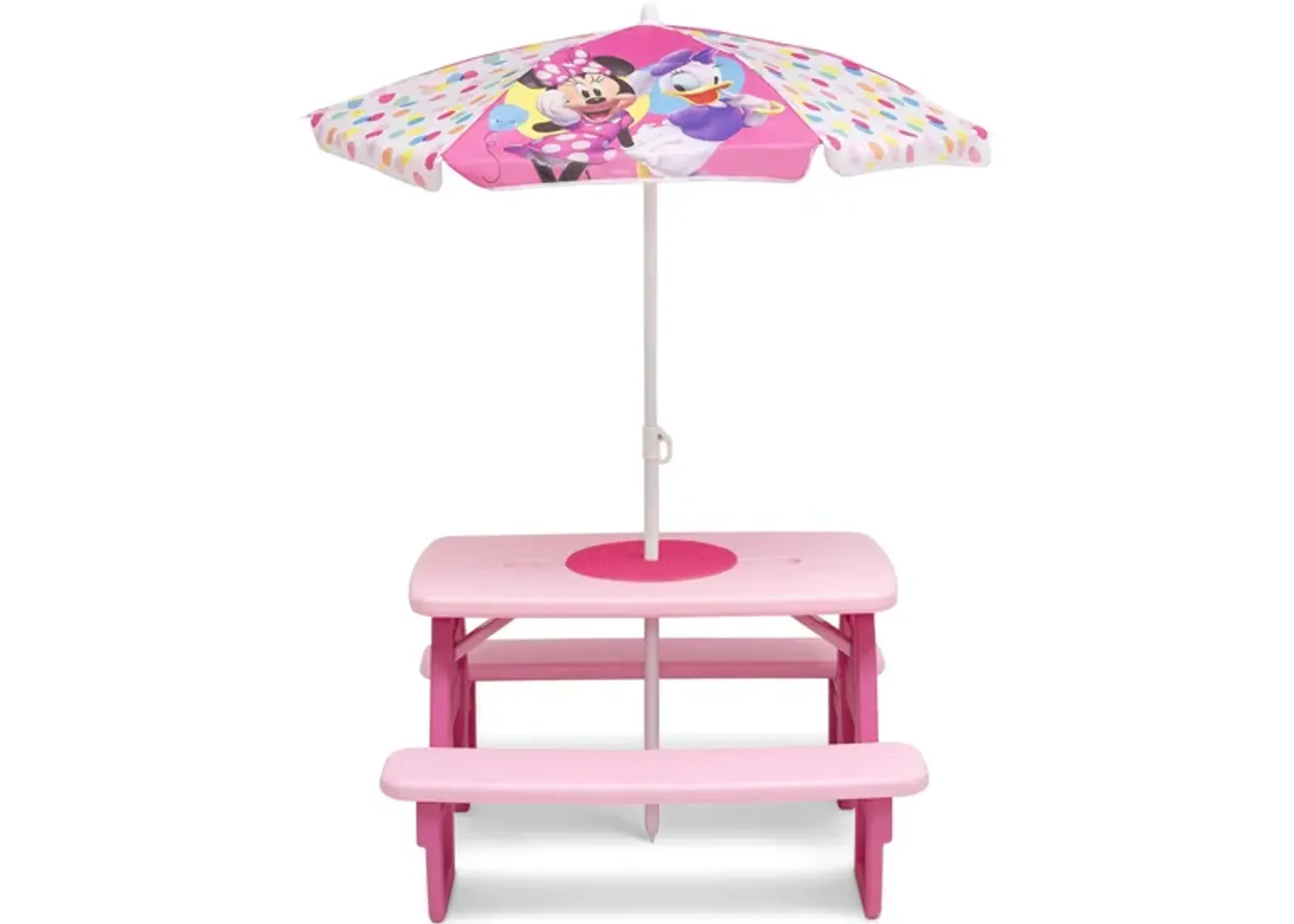 Minnie Mouse Four Seat Picnic Table wth Umbrella and Lego Compatible Table Top by Delta Children in Pink/Minnie Mouse by Delta Children