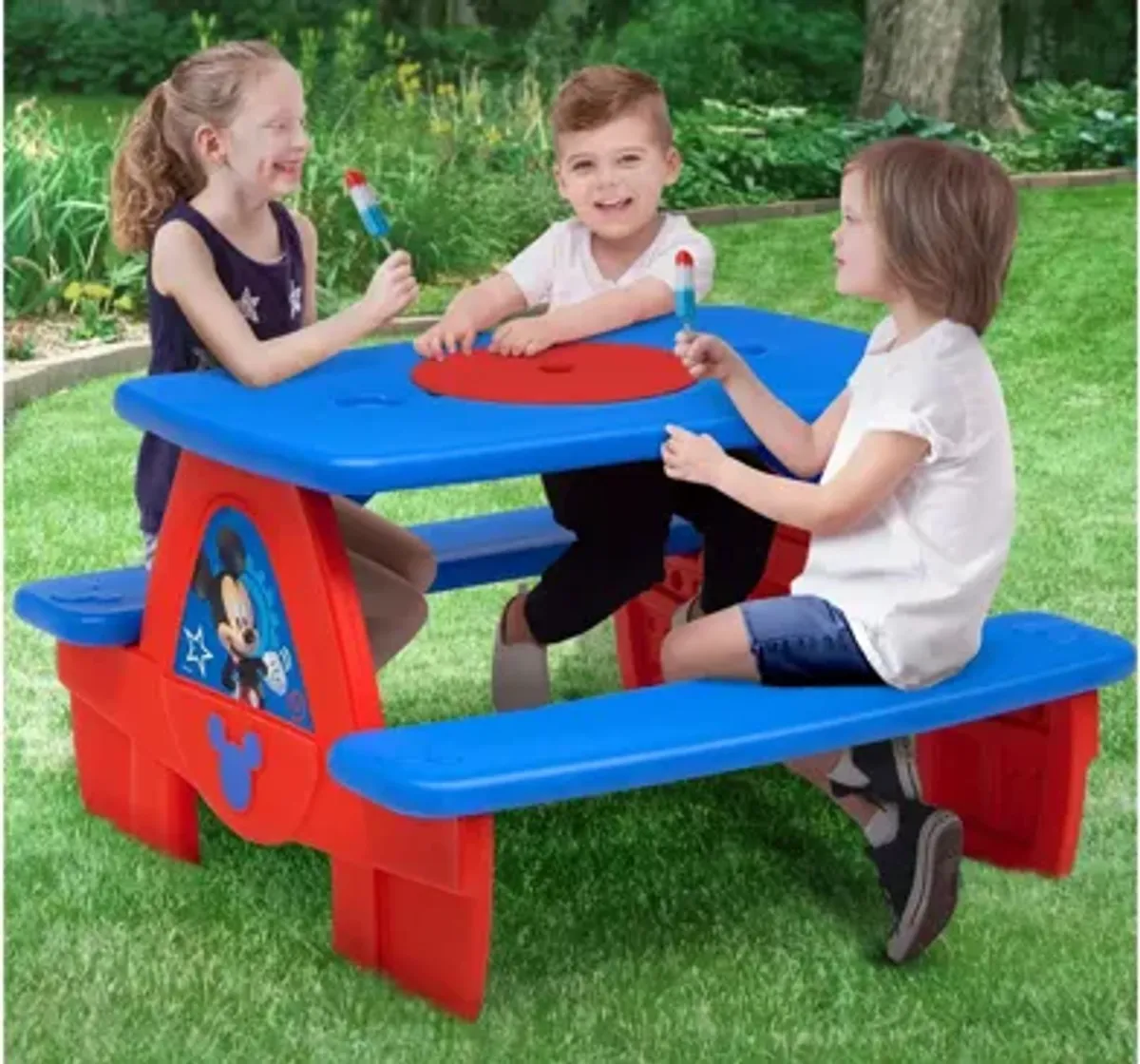 Mickey Mouse Four Seat Picnic Table wth Umbrella and Lego Compatible Table Top by Delta Children