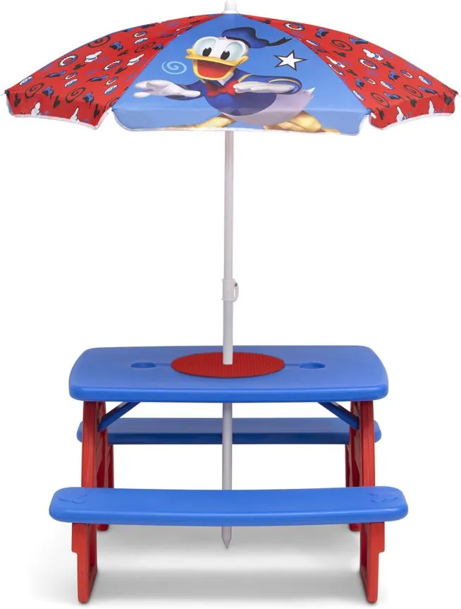 Mickey Mouse Four Seat Picnic Table wth Umbrella and Lego Compatible Table Top by Delta Children in Blue/Mickey Mouse by Delta Children