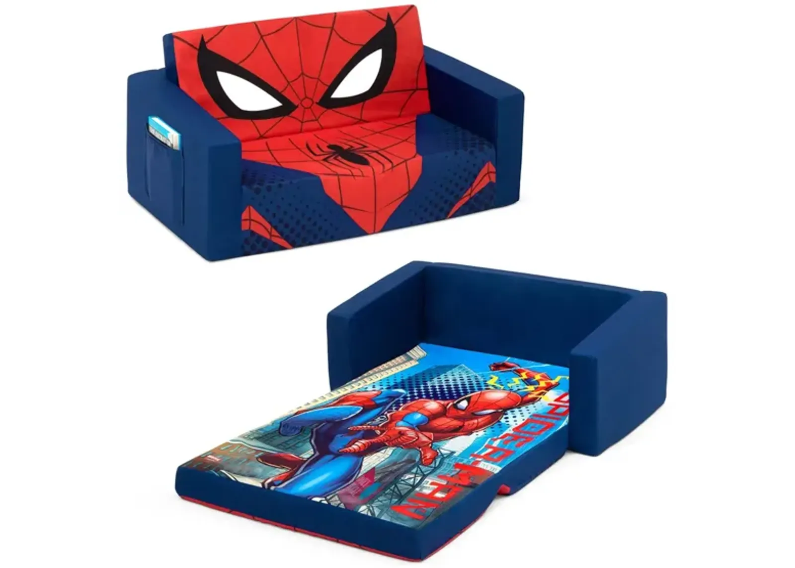 Spider-Man Cozee Flip-Out Kids Sofa 2-in-1 Convertible Sofa to Lounger by Delta Children in Blue/Spiderman by Delta Children