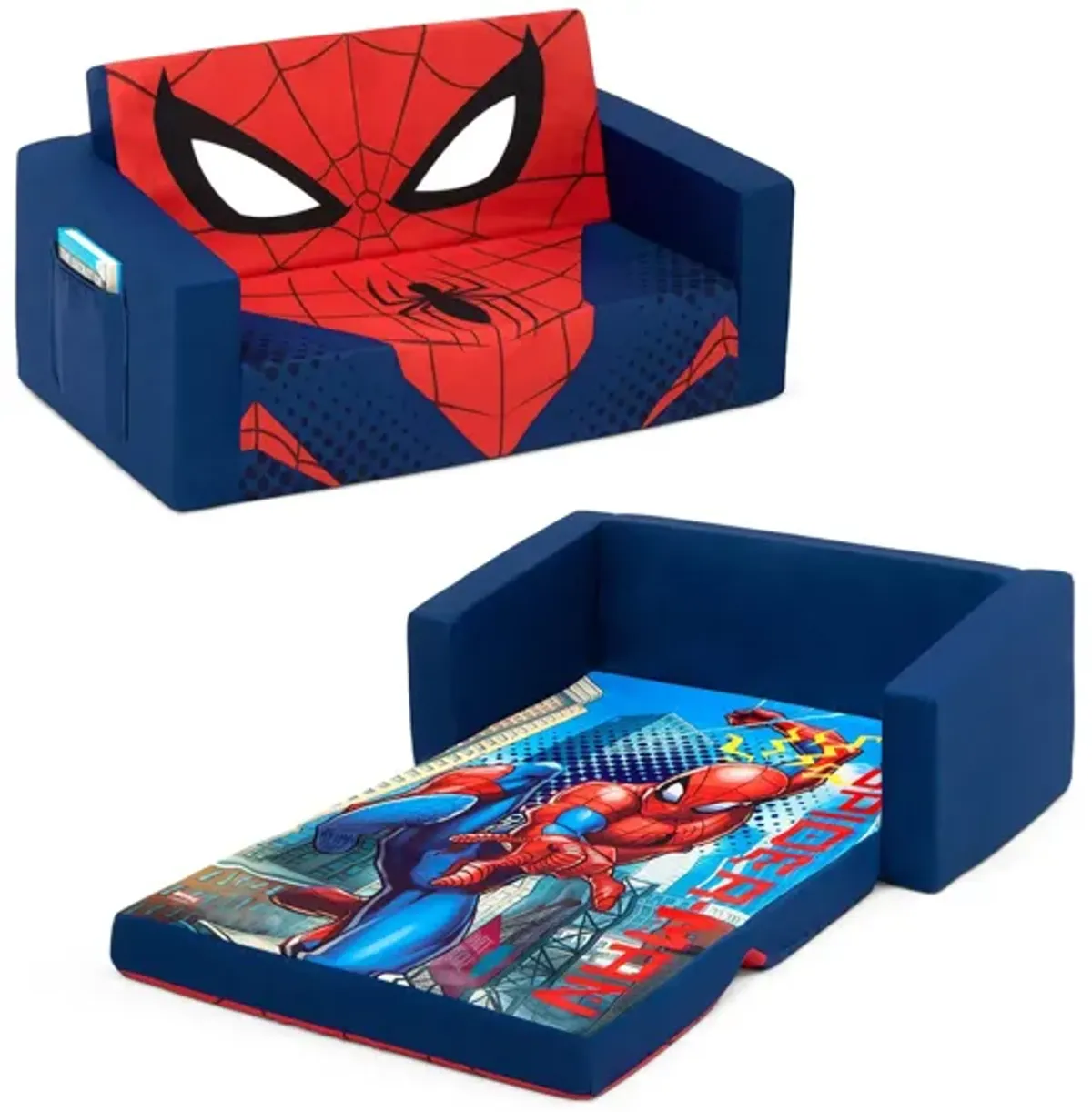 Spider-Man Cozee Flip-Out Kids Sofa 2-in-1 Convertible Sofa to Lounger by Delta Children in Blue/Spiderman by Delta Children