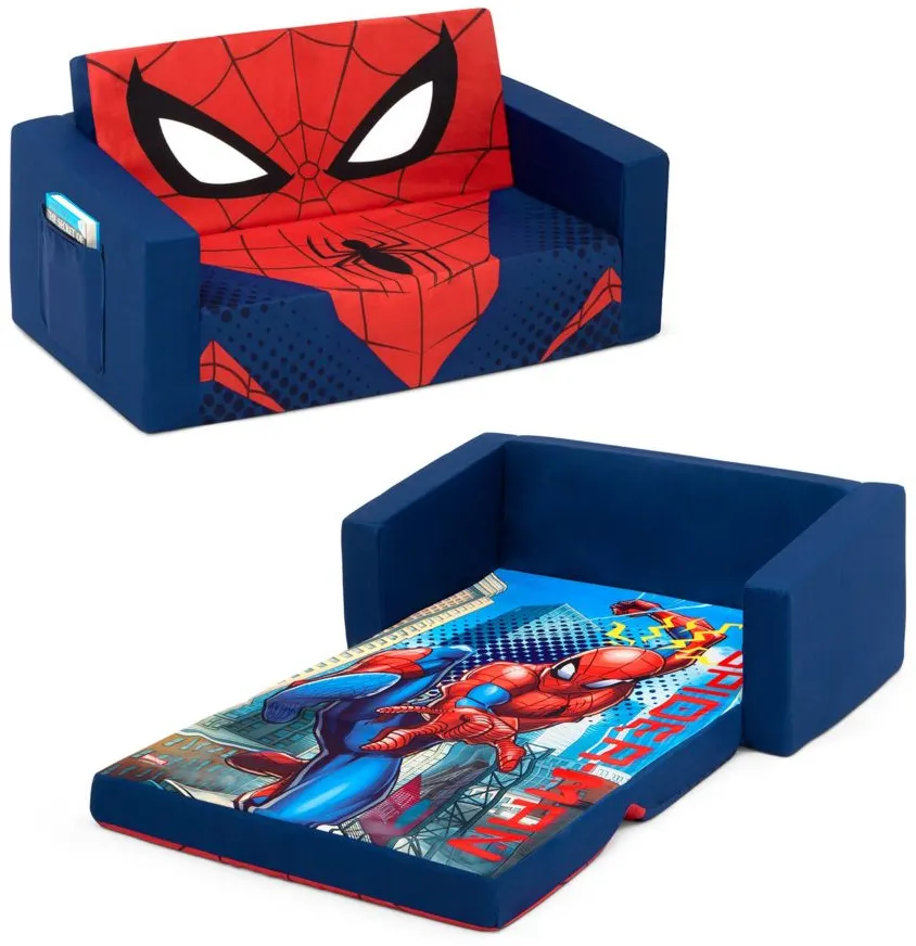 Spider-Man Cozee Flip-Out Kids Sofa 2-in-1 Convertible Sofa to Lounger by Delta Children in Blue/Spiderman by Delta Children