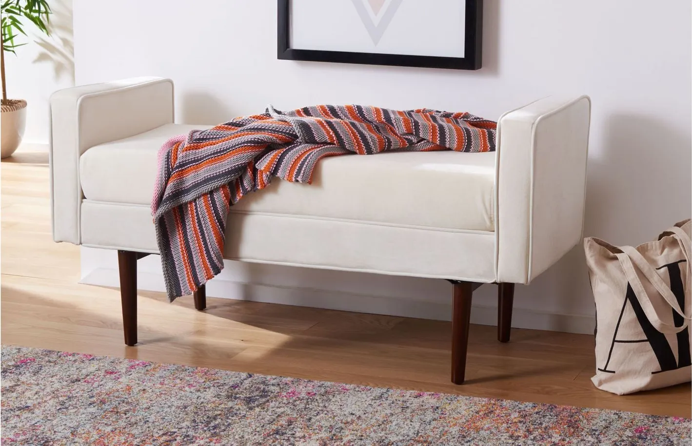 Henri Midcentury Bench in Cream / Walnut by Safavieh