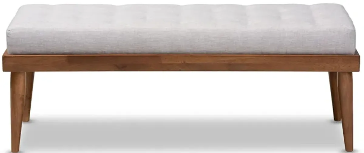 Linus Fabric Upholstered and Button Tufted Wood Bench in Grayish Beige/Walnut by Wholesale Interiors