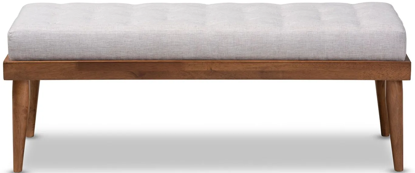 Linus Fabric Upholstered and Button Tufted Wood Bench in Grayish Beige/Walnut by Wholesale Interiors