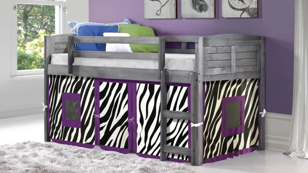 Donco Louver Low Loft Bed with Zebra Print Tent