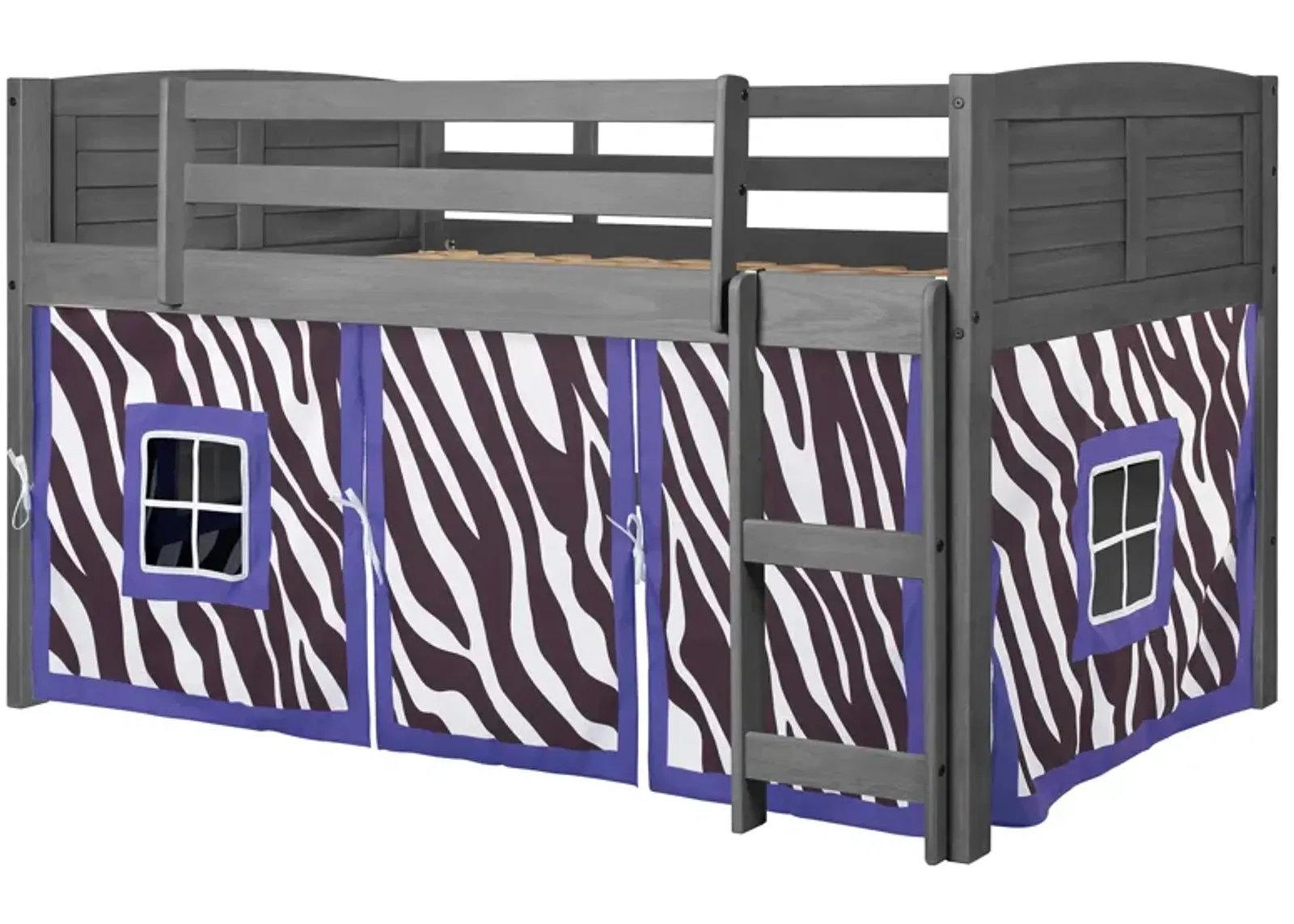 Donco Louver Low Loft Bed with Zebra Print Tent