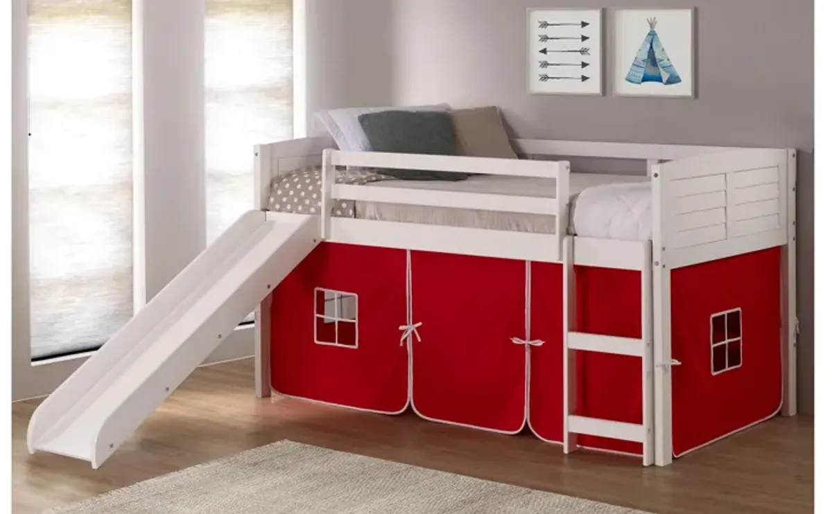 Donco Louver Low Loft Bed with Slide & Red Tent