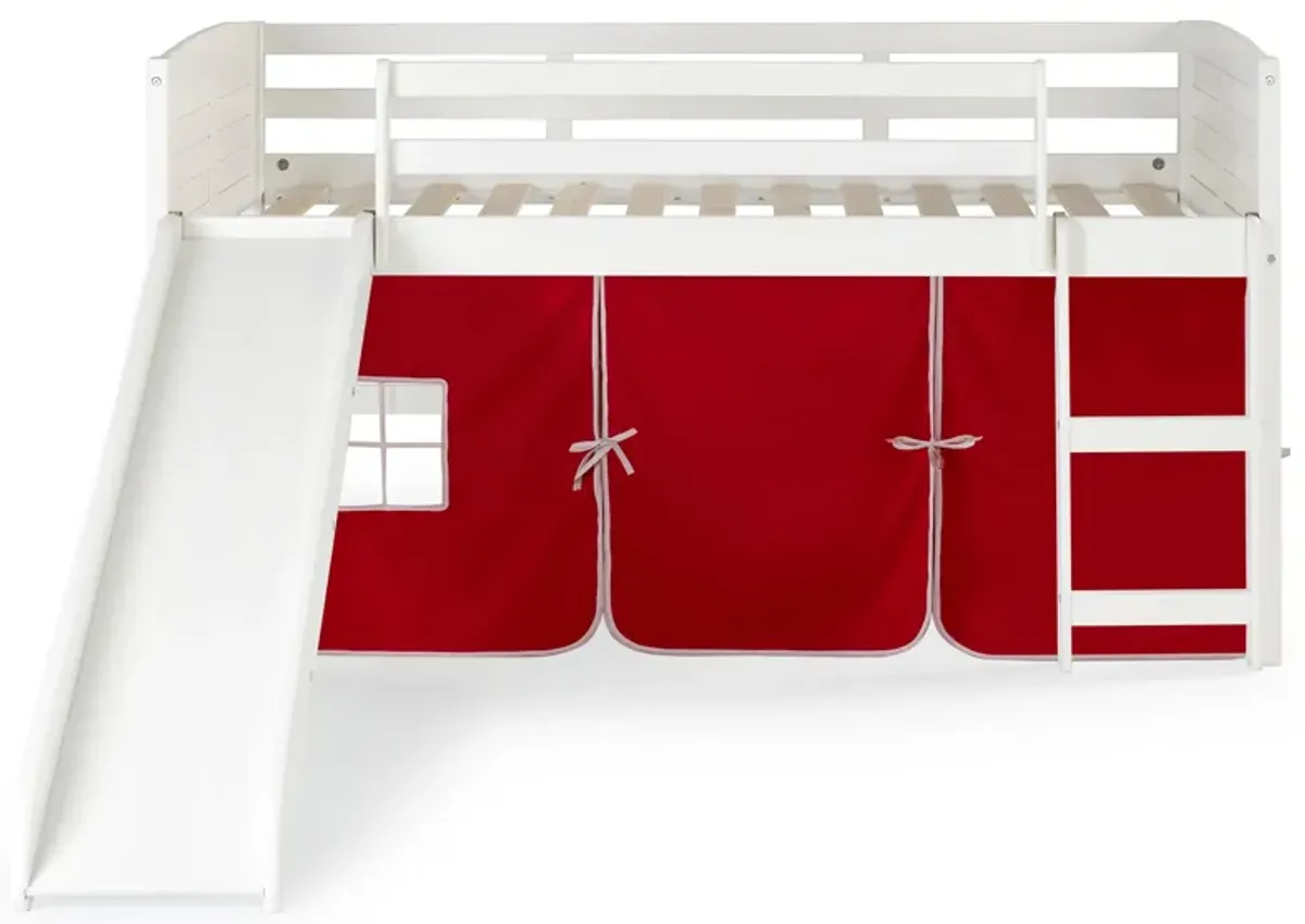 Donco Louver Low Loft Bed with Slide & Red Tent