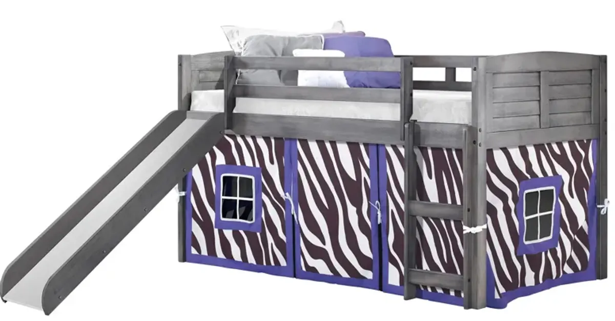 Donco Louver Low Loft Bed with Slide & Zebra Print Tent