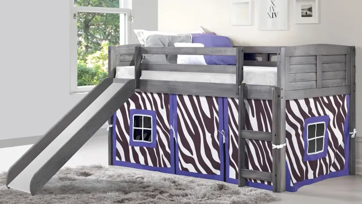 Donco Louver Low Loft Bed with Slide & Zebra Print Tent