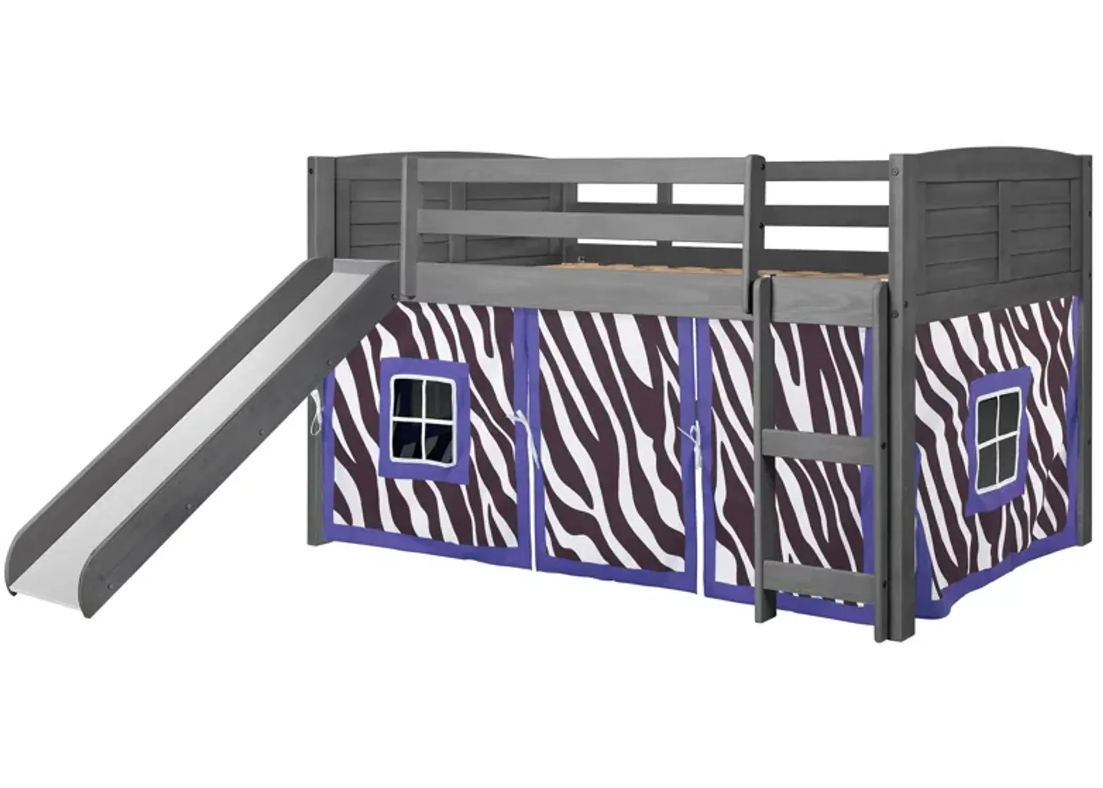 Donco Louver Low Loft Bed with Slide & Zebra Print Tent