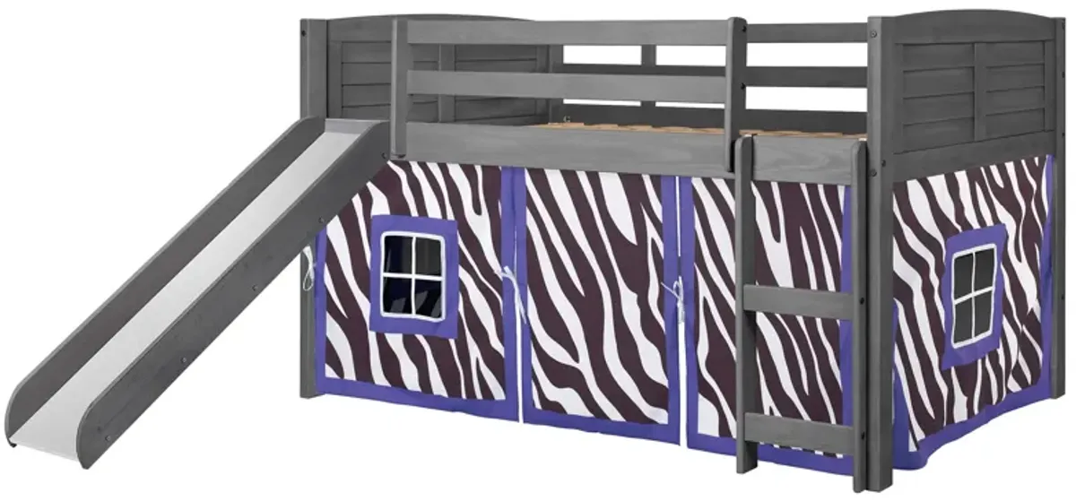 Donco Louver Low Loft Bed with Slide & Zebra Print Tent