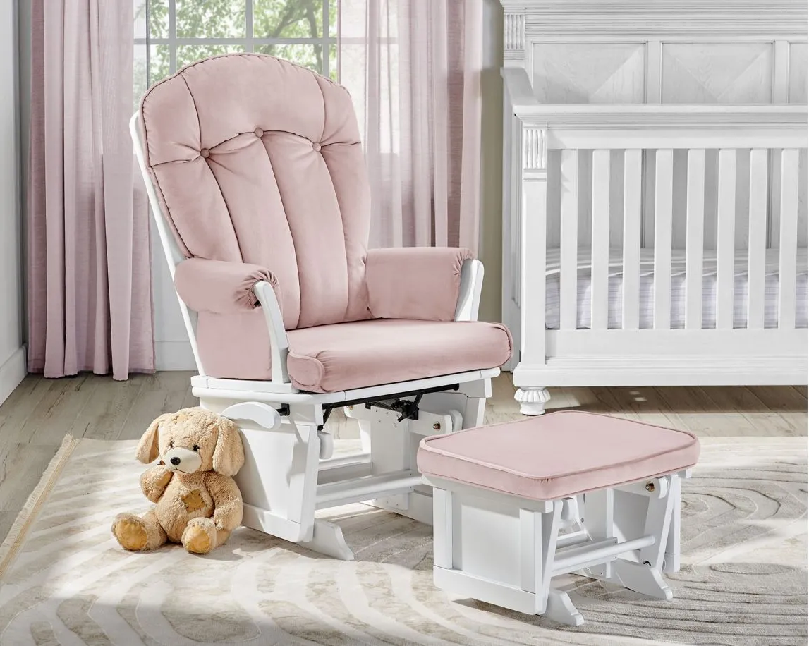 Victoria Glider & Ottoman in White Wood / Pink Fabric by Heritage Baby