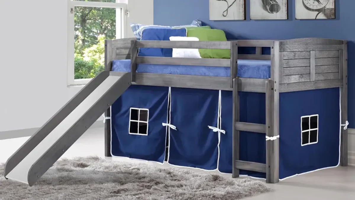 Donco Low Loft Bed with Slide & Blue Tent