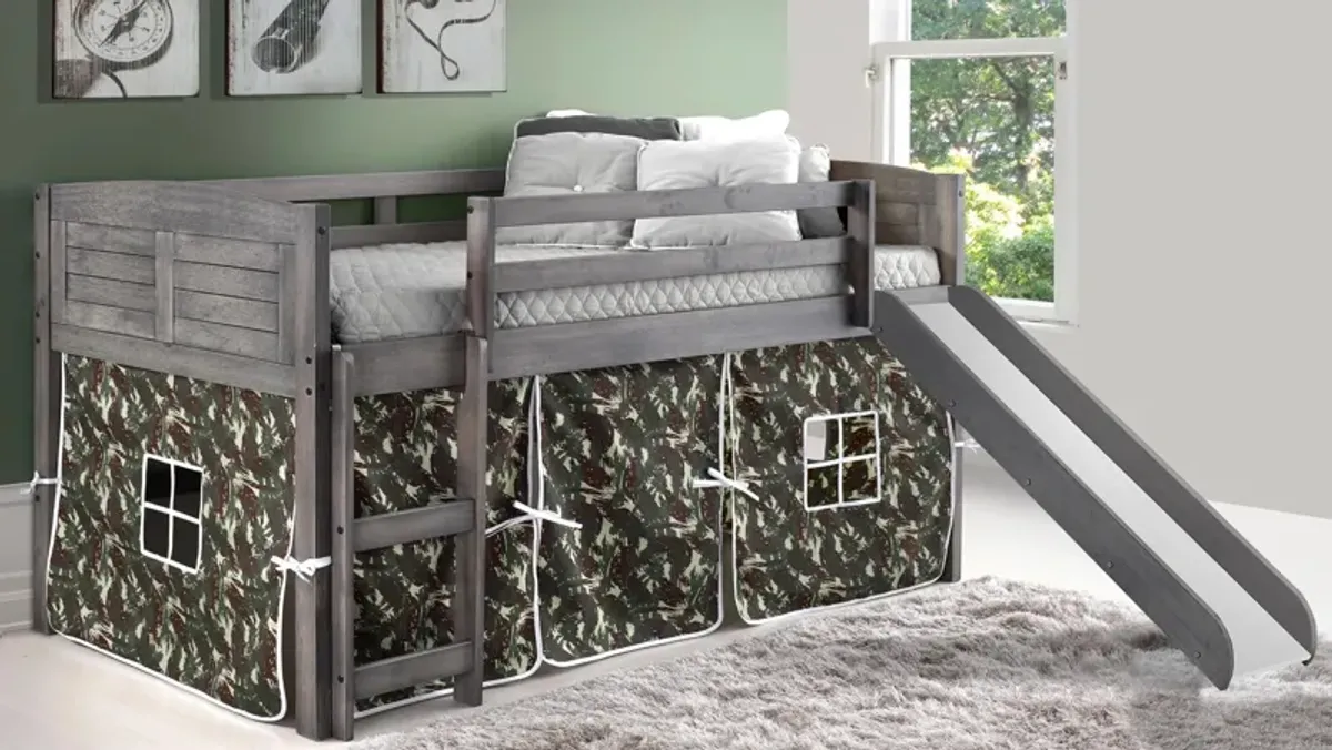 Donco Low Loft Bed with Slide & Camo Print Tent