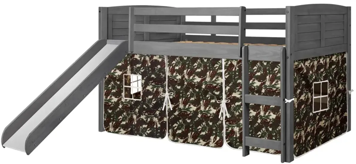Donco Low Loft Bed with Slide & Camo Print Tent